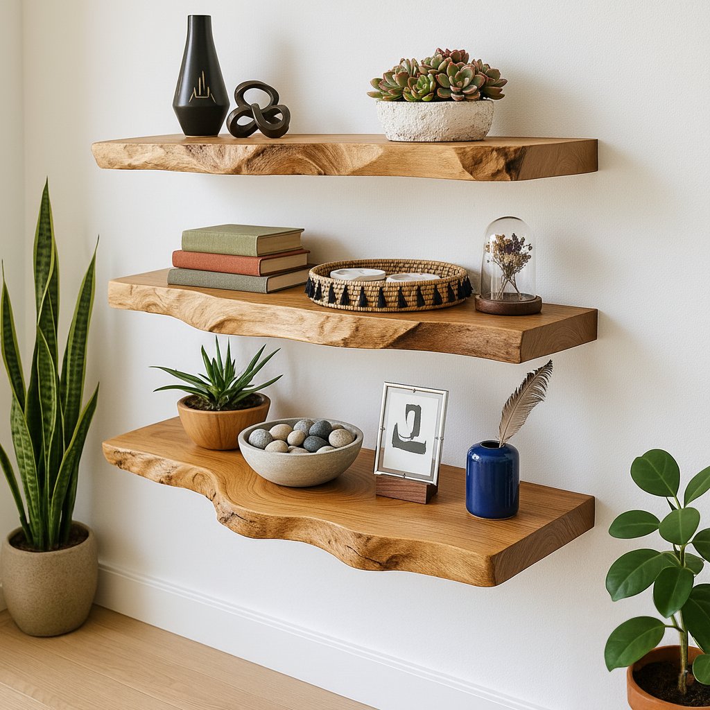 Solid Wood Wall Shelf Thick Live-Edge Floating Ledges for Modern Living Room