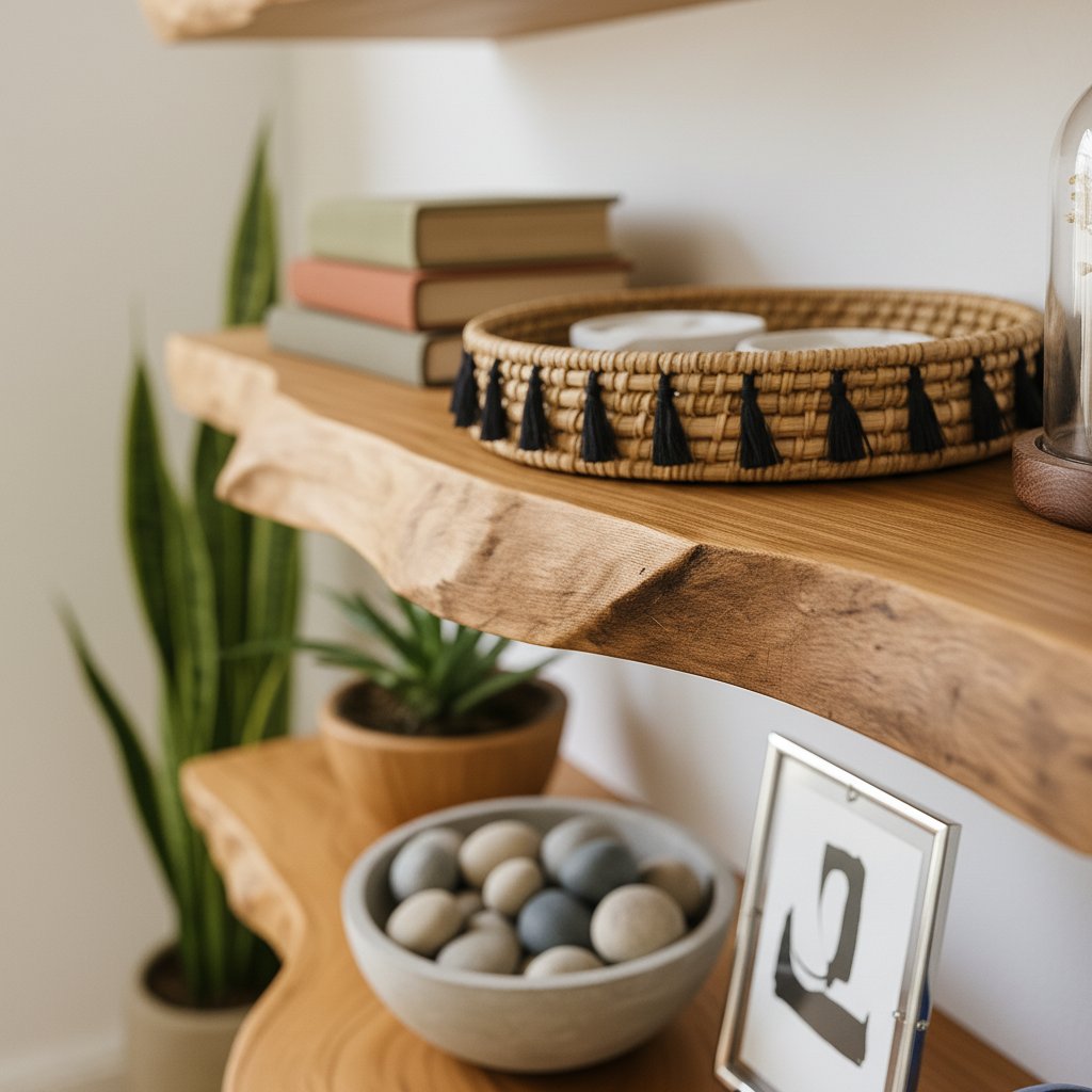 Solid Wood Wall Shelf Thick Live-Edge Floating Ledges for Modern Living Room