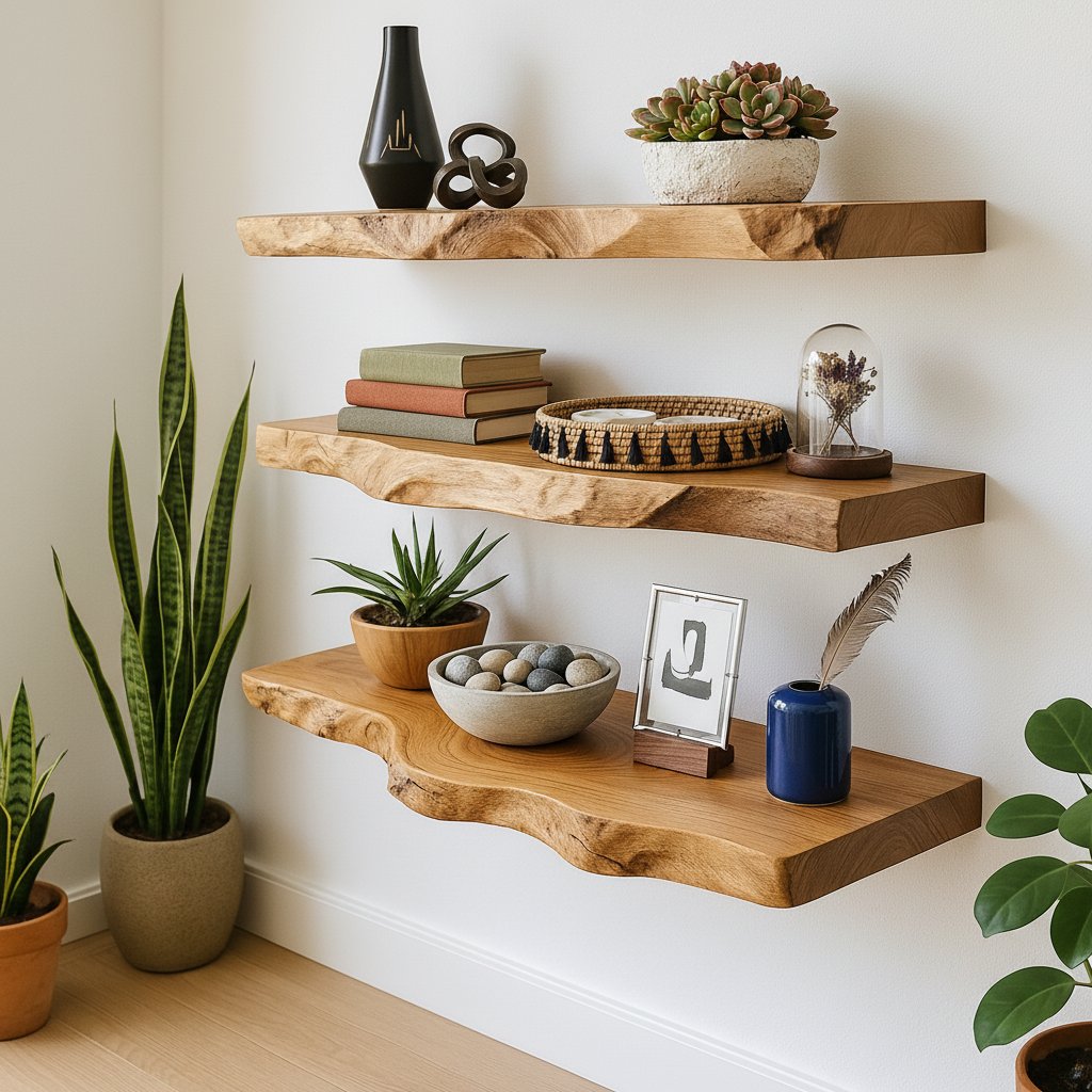 Solid Wood Wall Shelf Thick Live-Edge Floating Ledges for Modern Living Room
