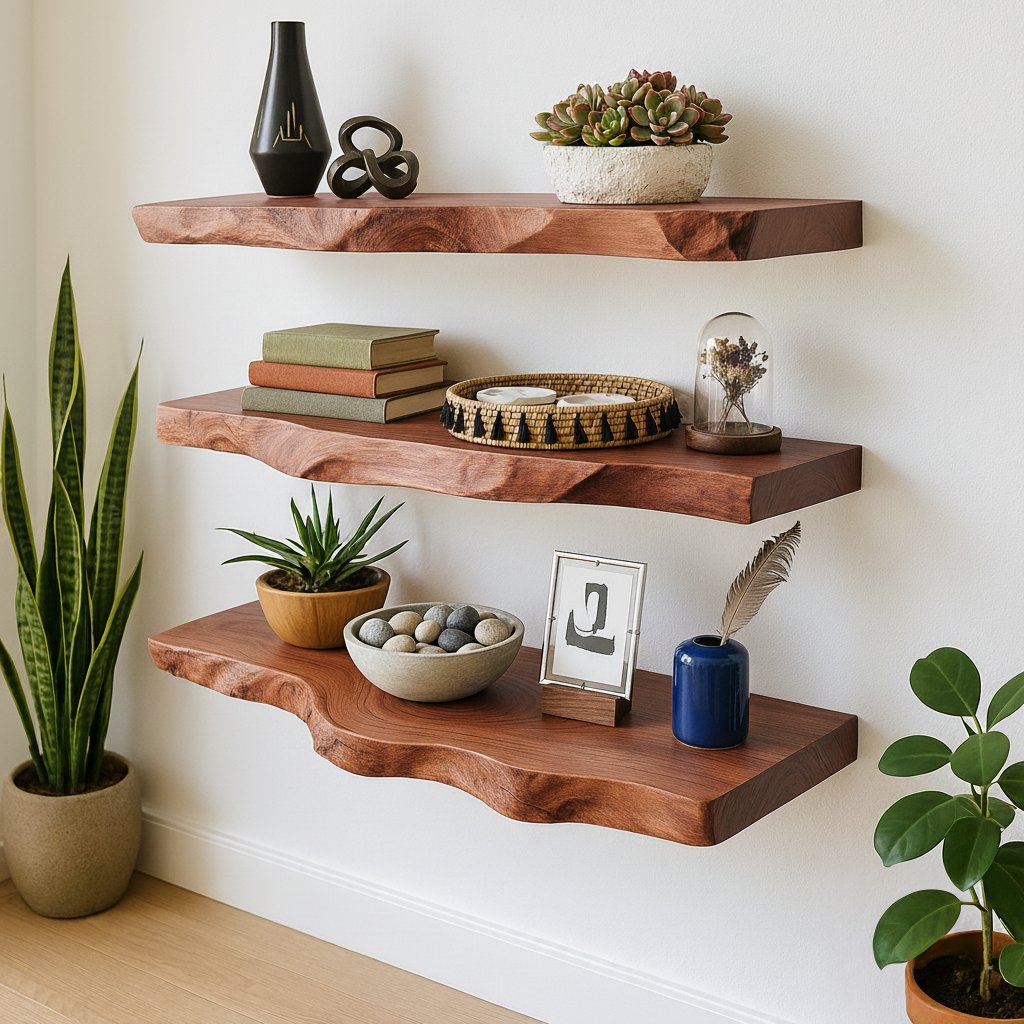 Solid Wood Wall Shelf Thick Live-Edge Floating Ledges for Modern Living Room