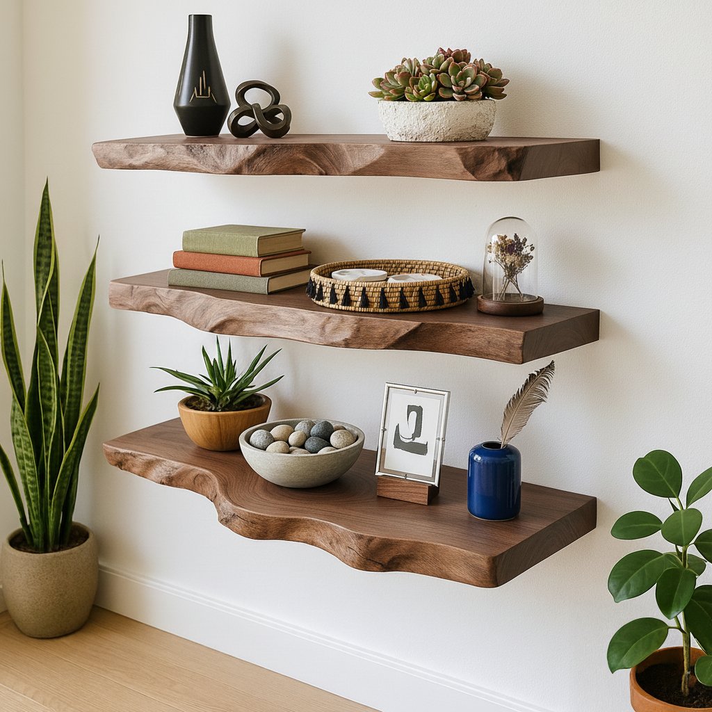 Solid Wood Wall Shelf Thick Live-Edge Floating Ledges for Modern Living Room