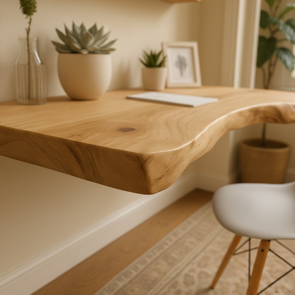 Solid Wood Wall Shelf Long Live-Edge Floating Desk Ledge for Home Office