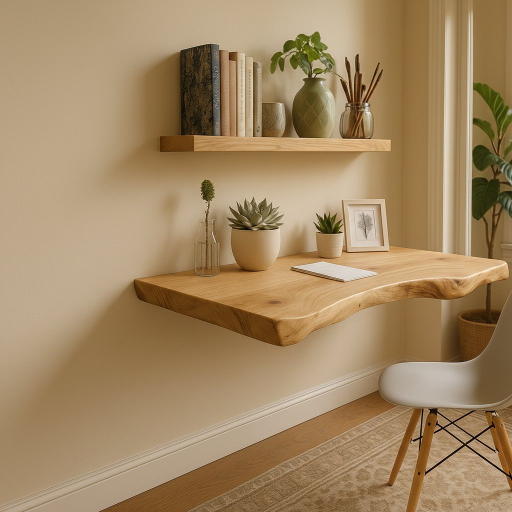 Solid Wood Wall Shelf Long Live-Edge Floating Desk Ledge for Home Office