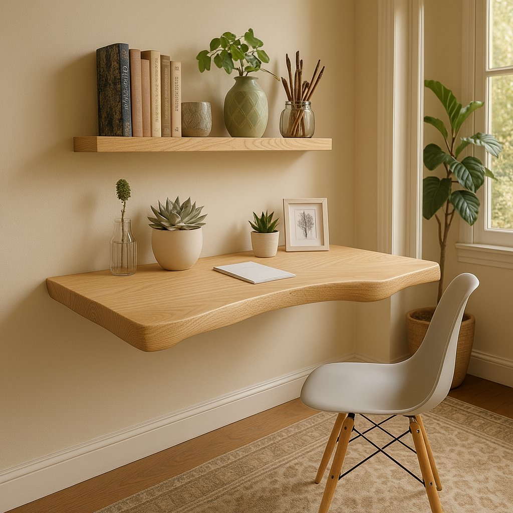 Solid Wood Wall Shelf Long Live-Edge Floating Desk Ledge for Home Office
