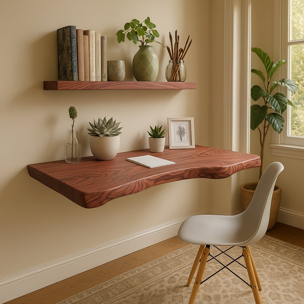Solid Wood Wall Shelf Long Live-Edge Floating Desk Ledge for Home Office