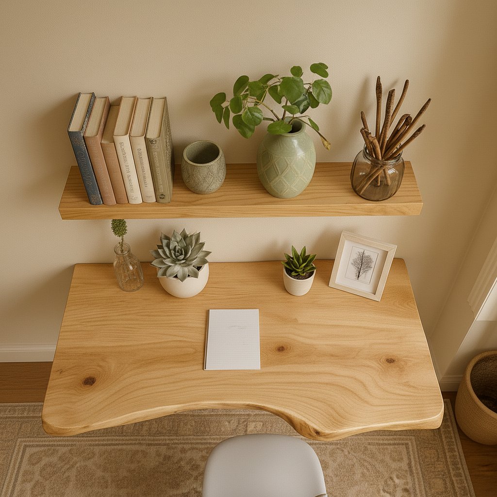 Solid Wood Wall Shelf Long Live-Edge Floating Desk Ledge for Home Office