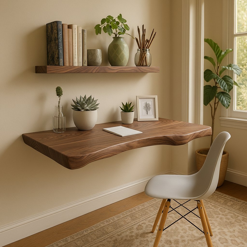 Solid Wood Wall Shelf Long Live-Edge Floating Desk Ledge for Home Office