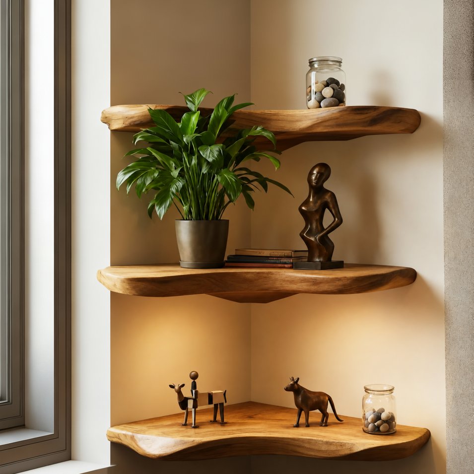Solid Wood Corner Shelf Two-Tier Live-Edge Floating Display for Cozy Corner