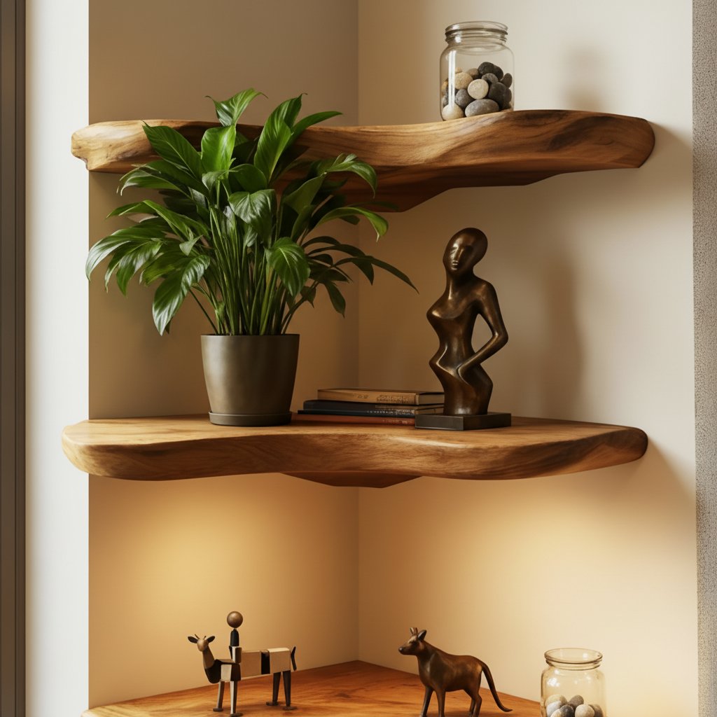 Solid Wood Corner Shelf Two-Tier Live-Edge Floating Display for Cozy Corner