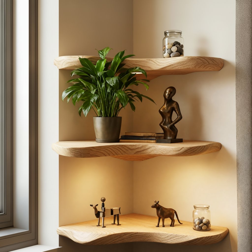 Solid Wood Corner Shelf Two-Tier Live-Edge Floating Display for Cozy Corner