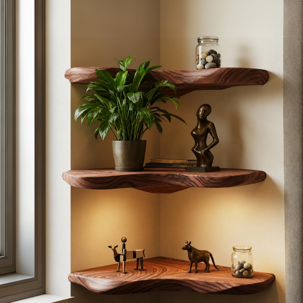 Solid Wood Corner Shelf Two-Tier Live-Edge Floating Display for Cozy Corner