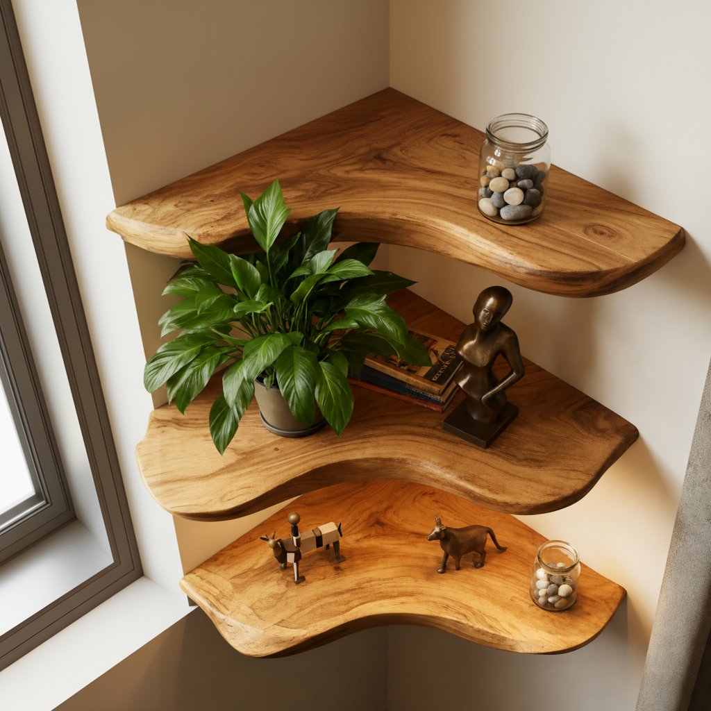 Solid Wood Corner Shelf Two-Tier Live-Edge Floating Display for Cozy Corner