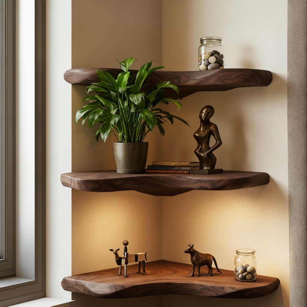 Solid Wood Corner Shelf Two-Tier Live-Edge Floating Display for Cozy Corner