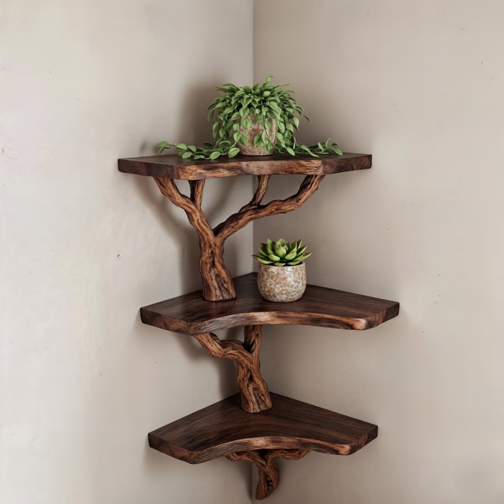 Solid Wood Wall Shelf with Sculptural Tree-Branch Live-Edge Bracket for Plants