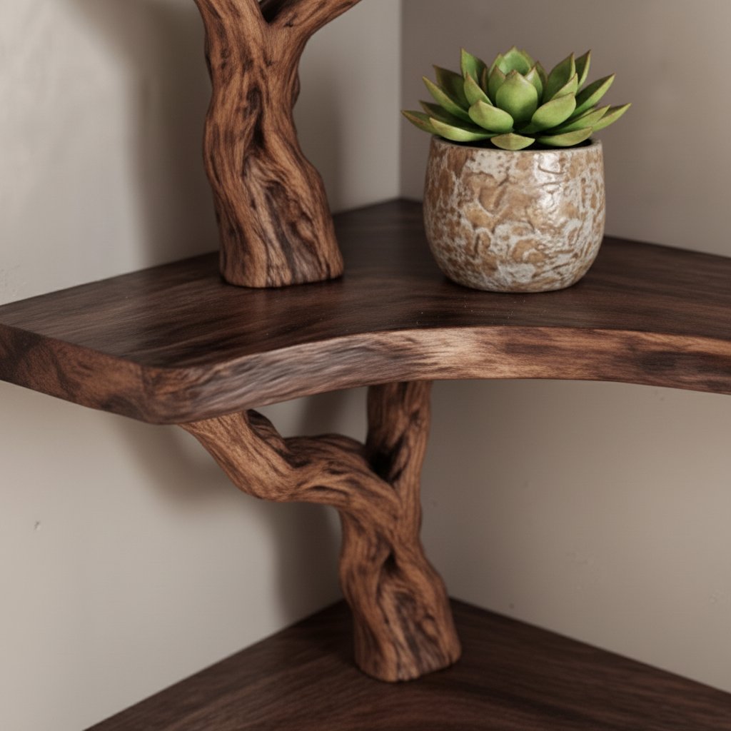 Solid Wood Wall Shelf with Sculptural Tree-Branch Live-Edge Bracket for Plants