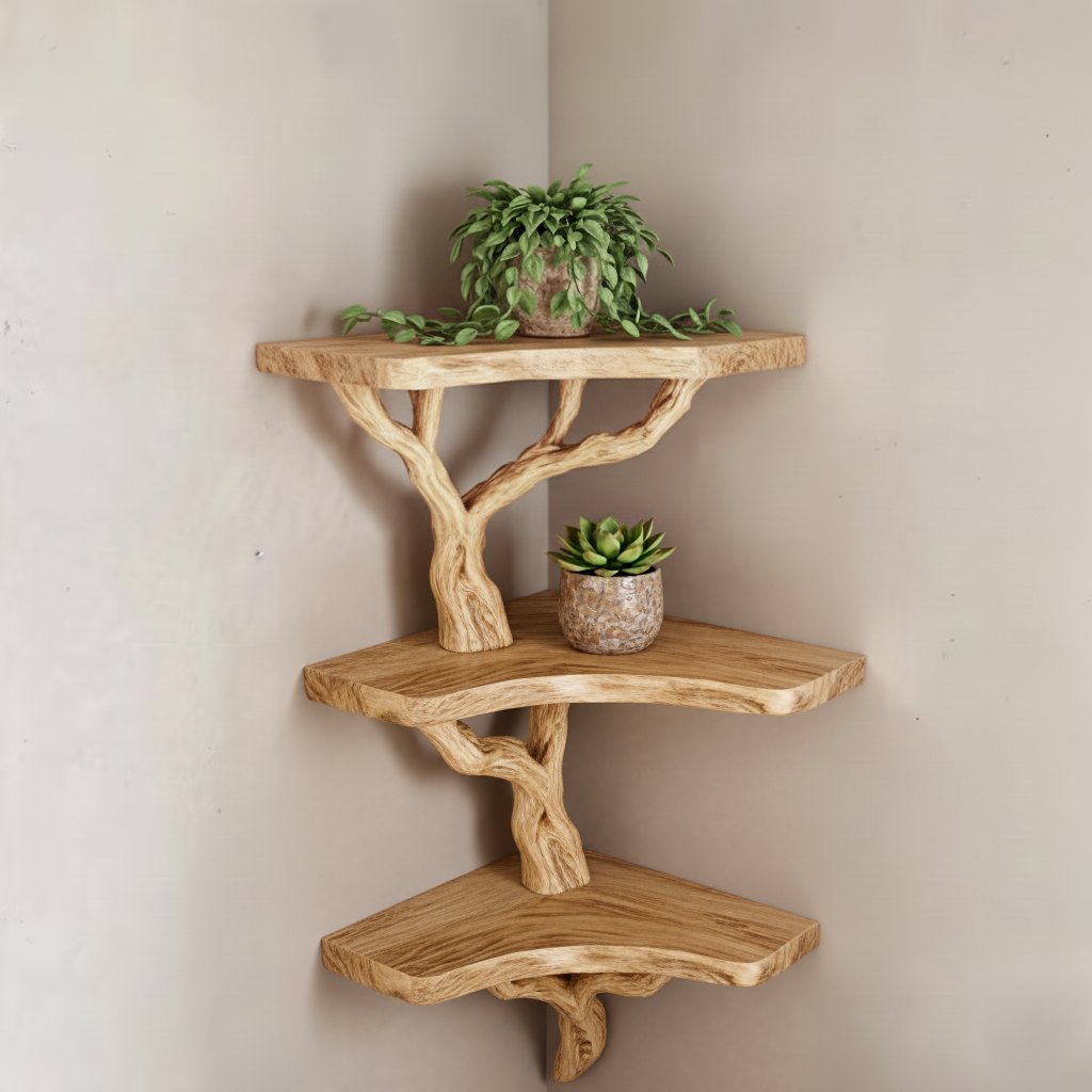 Solid Wood Wall Shelf with Sculptural Tree-Branch Live-Edge Bracket for Plants