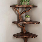 Solid Wood Wall Shelf with Sculptural Tree-Branch Live-Edge Bracket for Plants