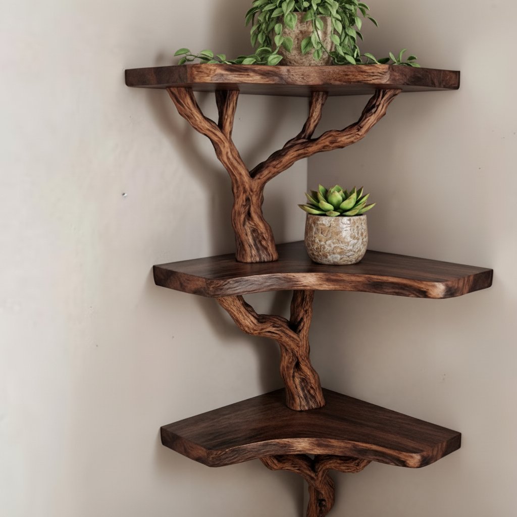 Solid Wood Wall Shelf with Sculptural Tree-Branch Live-Edge Bracket for Plants