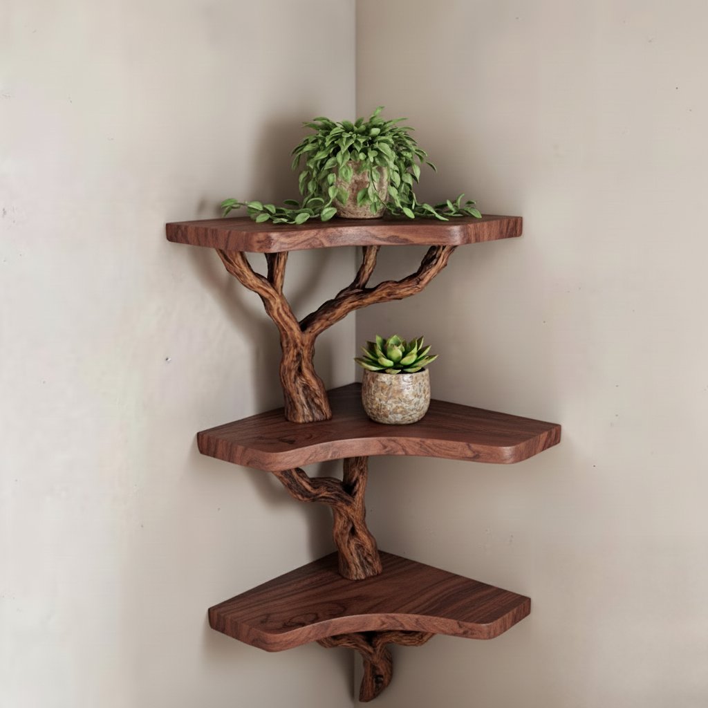 Solid Wood Wall Shelf with Sculptural Tree-Branch Live-Edge Bracket for Plants