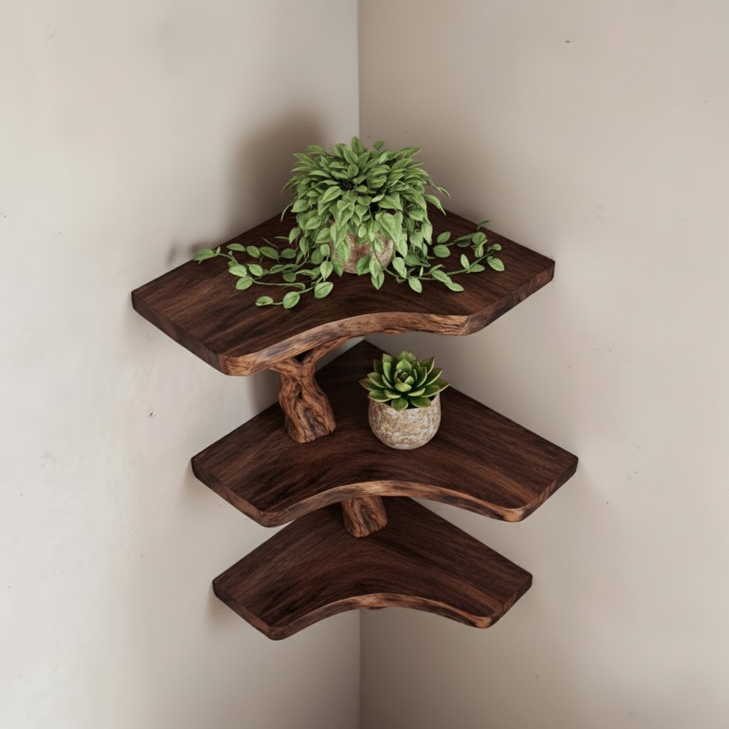 Solid Wood Wall Shelf with Sculptural Tree-Branch Live-Edge Bracket for Plants
