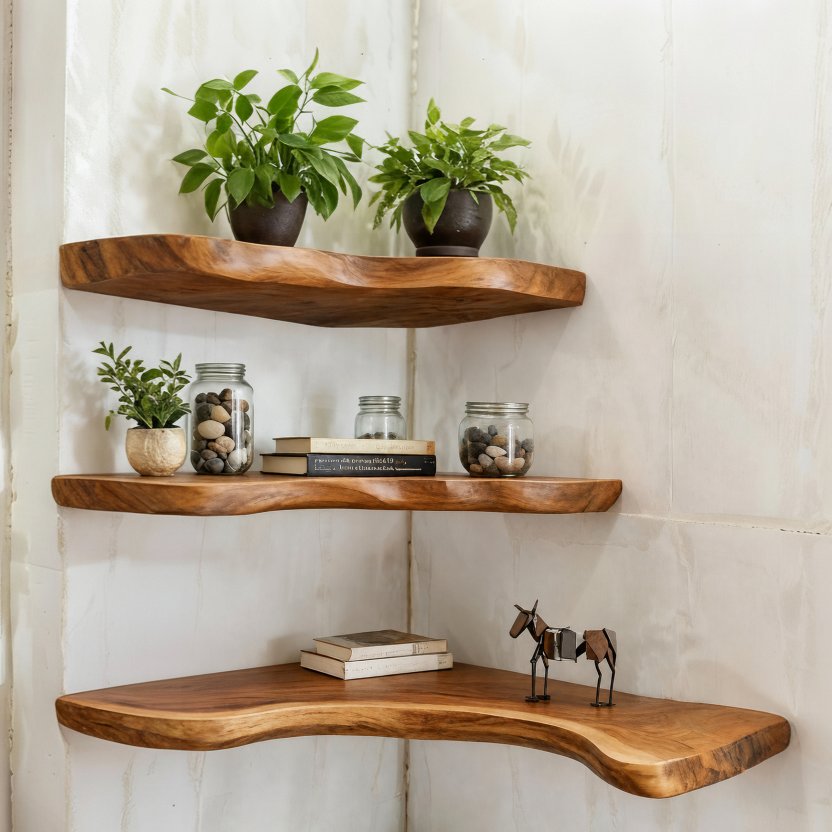 Solid Wood Wall Shelf Stacked Live-Edge Floating Ledges for Plant Display