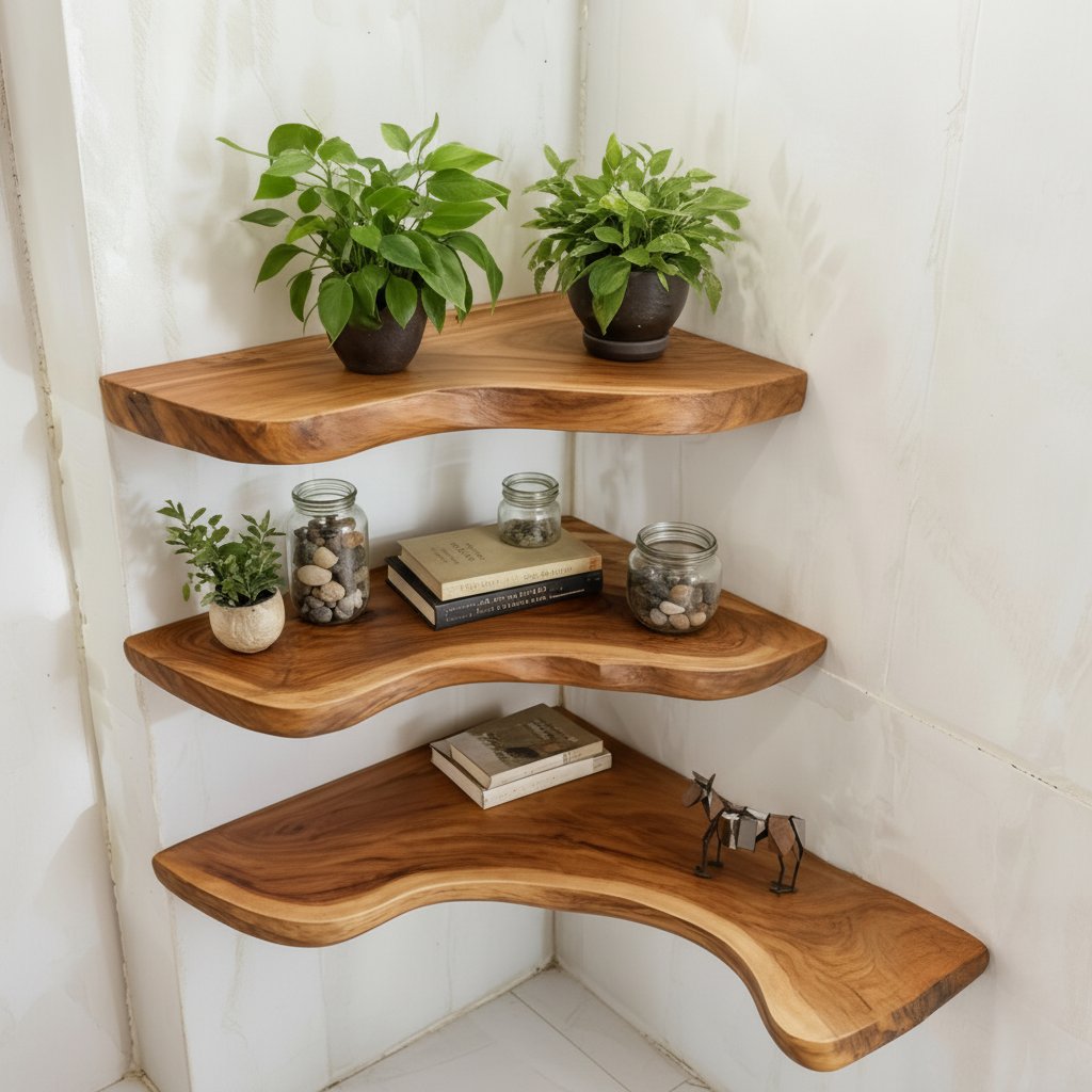 Solid Wood Wall Shelf Stacked Live-Edge Floating Ledges for Plant Display