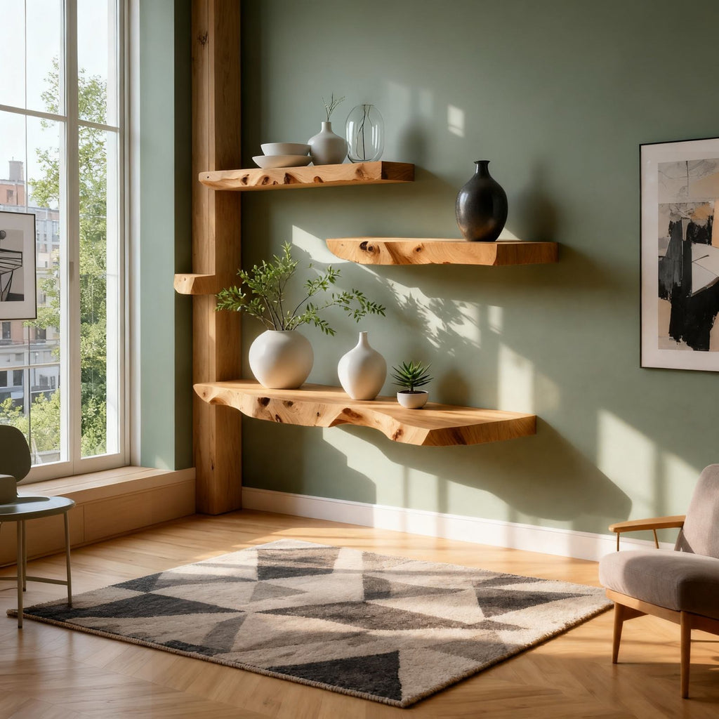 Solid Wood Wall Shelf Staggered Live-Edge Floating Ledges for Living Room