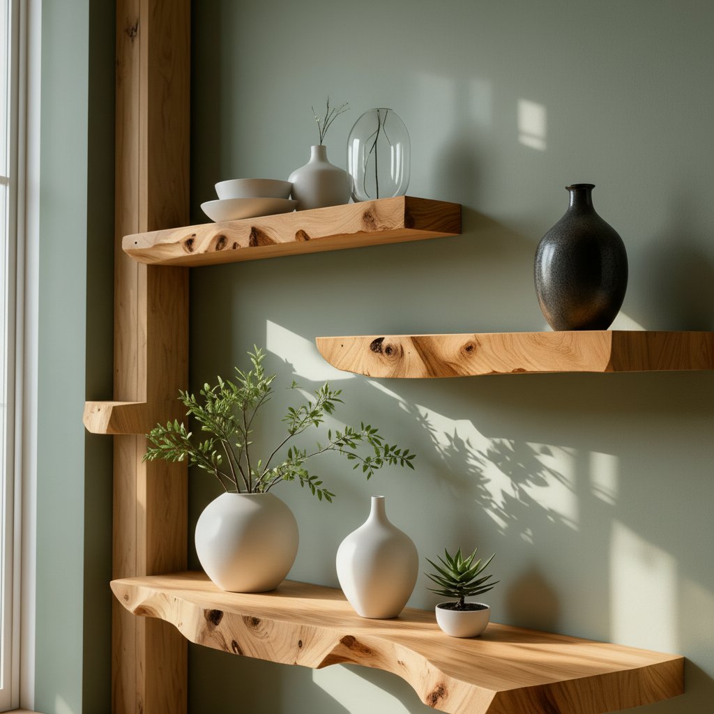 Solid Wood Wall Shelf Staggered Live-Edge Floating Ledges for Living Room