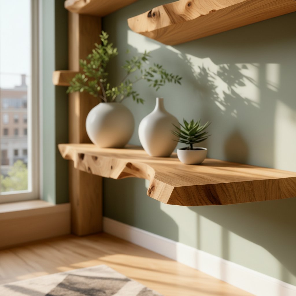 Solid Wood Wall Shelf Staggered Live-Edge Floating Ledges for Living Room