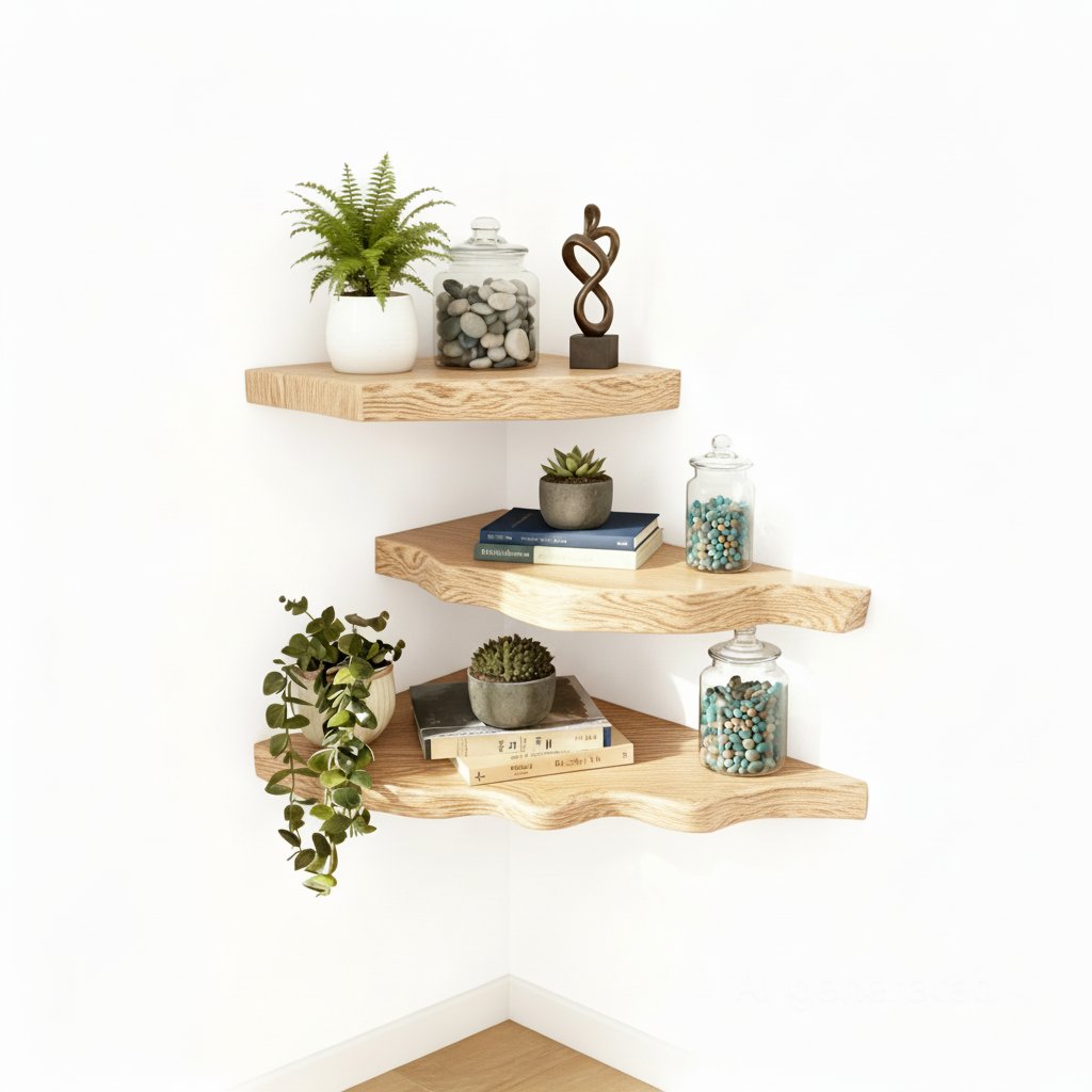 Solid Wood Corner Shelf Three-Tier Live-Edge Floating Display for Plants
