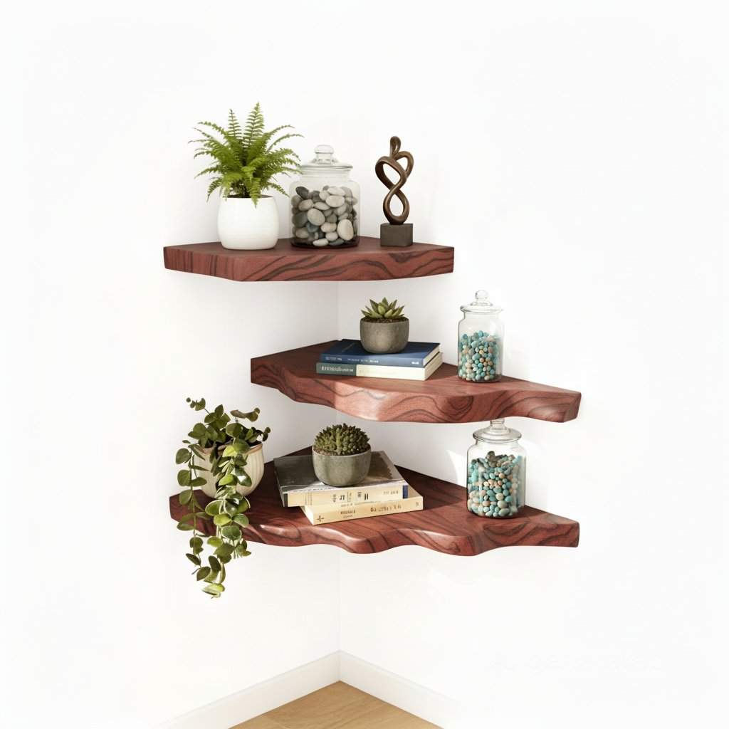 Solid Wood Corner Shelf Three-Tier Live-Edge Floating Display for Plants