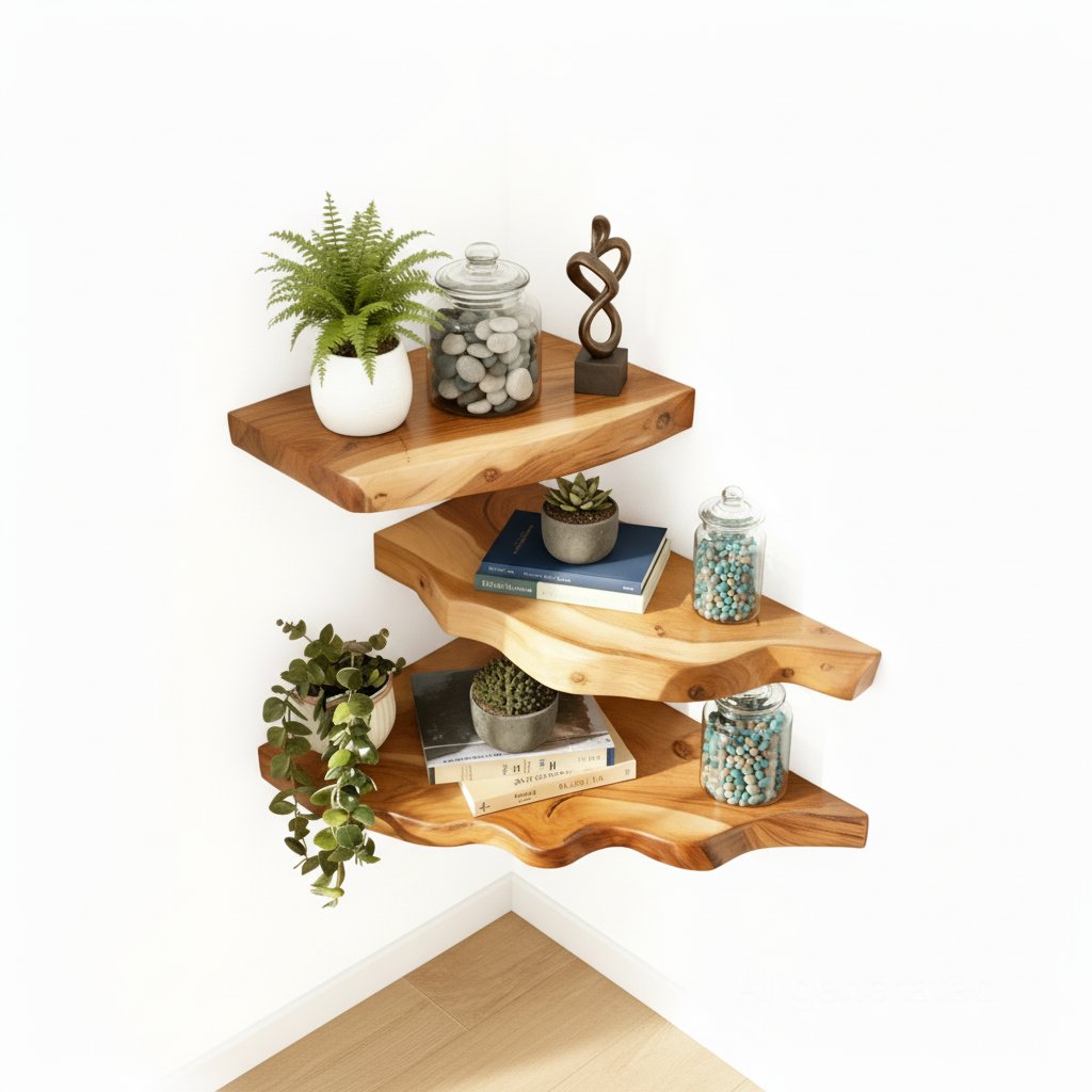 Solid Wood Corner Shelf Three-Tier Live-Edge Floating Display for Plants