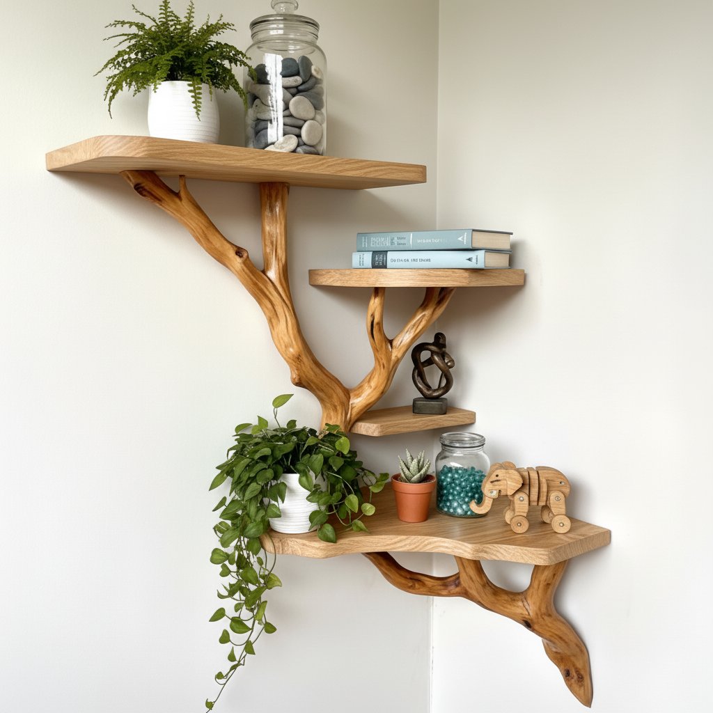 Solid Wood Corner Shelf with Sculptural Tree Live-Edge Branch Display for Plants