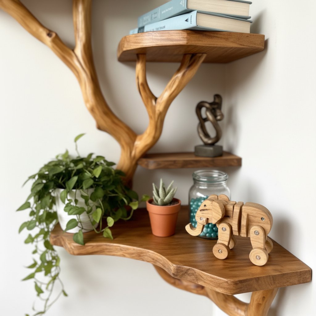 Solid Wood Corner Shelf with Sculptural Tree Live-Edge Branch Display for Plants