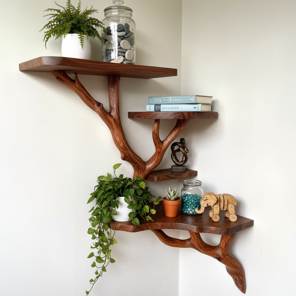 Solid Wood Corner Shelf with Sculptural Tree Live-Edge Branch Display for Plants