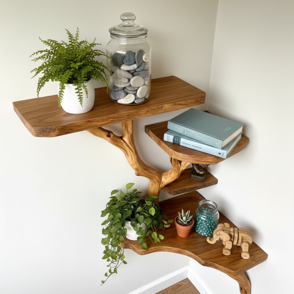 Solid Wood Corner Shelf with Sculptural Tree Live-Edge Branch Display for Plants