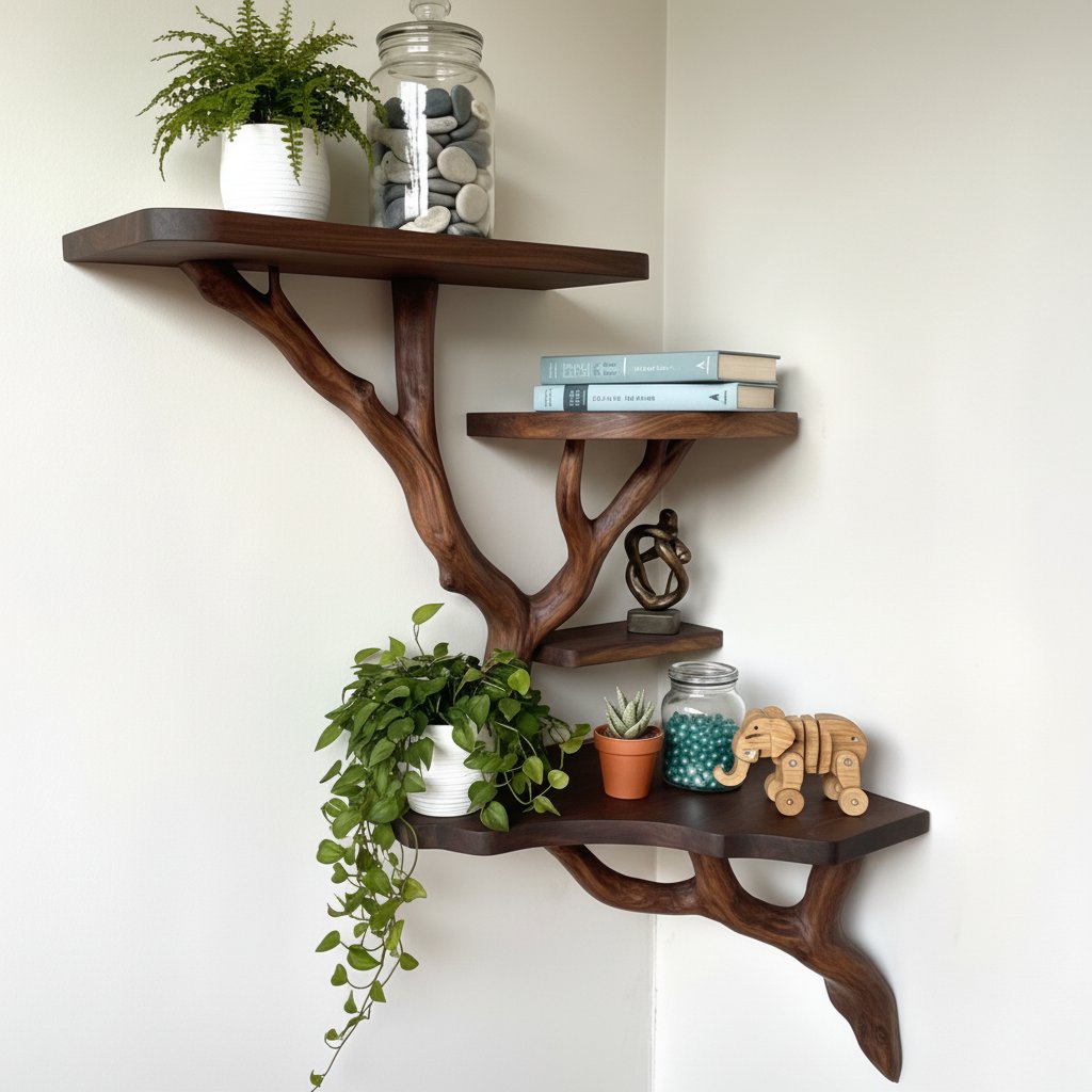 Solid Wood Corner Shelf with Sculptural Tree Live-Edge Branch Display for Plants