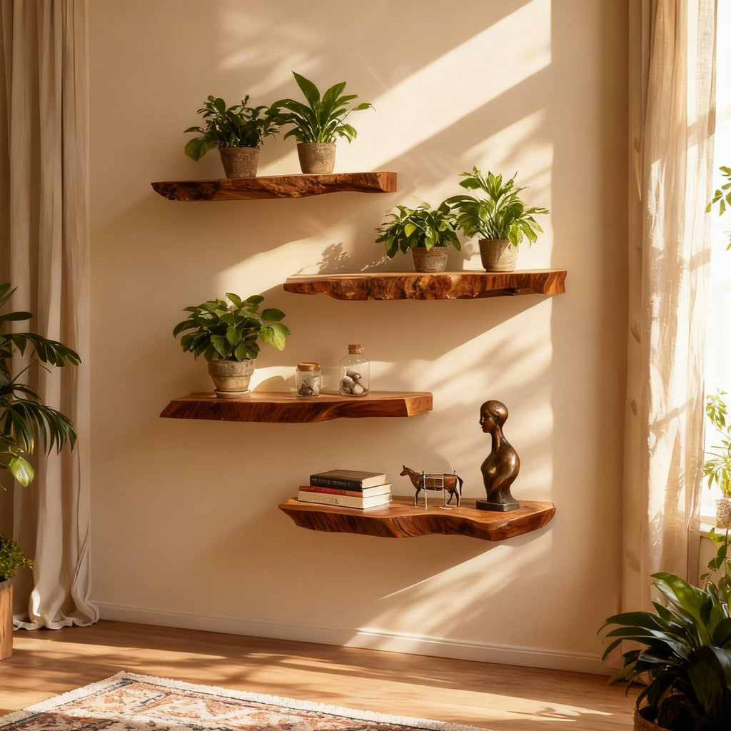 Solid Wood Wall Shelf Slim Live-Edge Floating Ledges for Living Room Decor