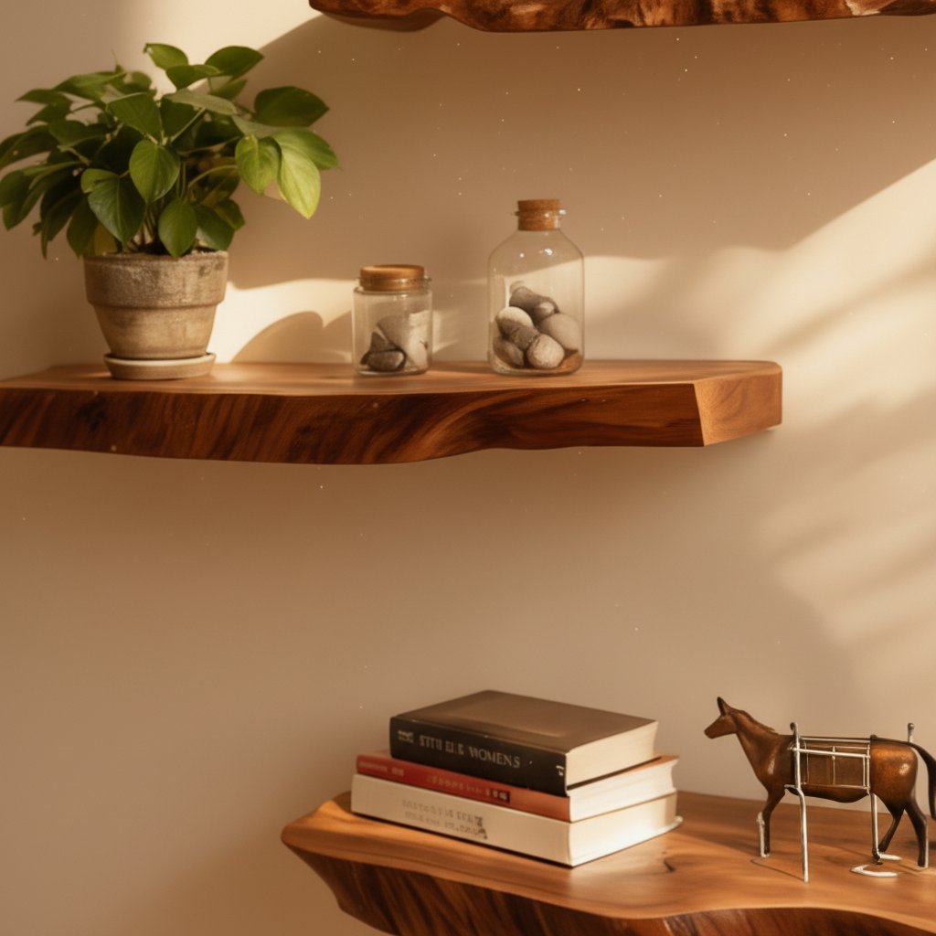 Solid Wood Wall Shelf Slim Live-Edge Floating Ledges for Living Room Decor