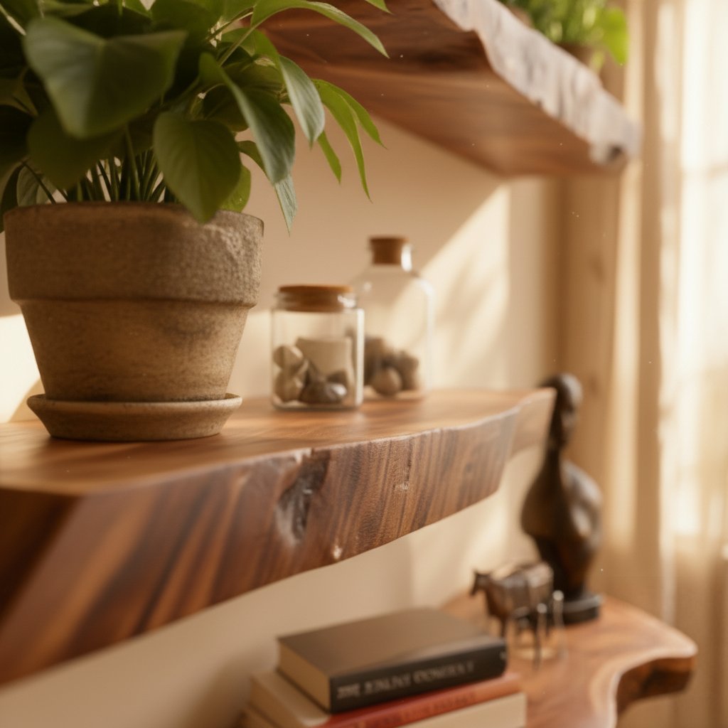 Solid Wood Wall Shelf Slim Live-Edge Floating Ledges for Living Room Decor