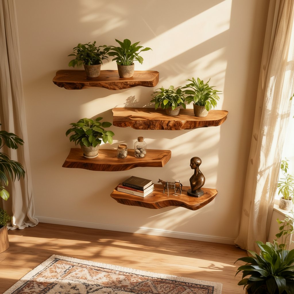 Solid Wood Wall Shelf Slim Live-Edge Floating Ledges for Living Room Decor