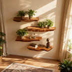 Solid Wood Wall Shelf Slim Live-Edge Floating Ledges for Living Room Decor