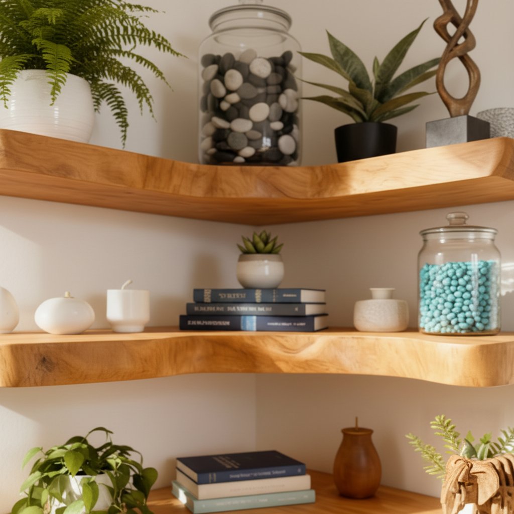 Solid Wood Corner Shelf Tiered Live-Edge Ladder Display for Plants and Books