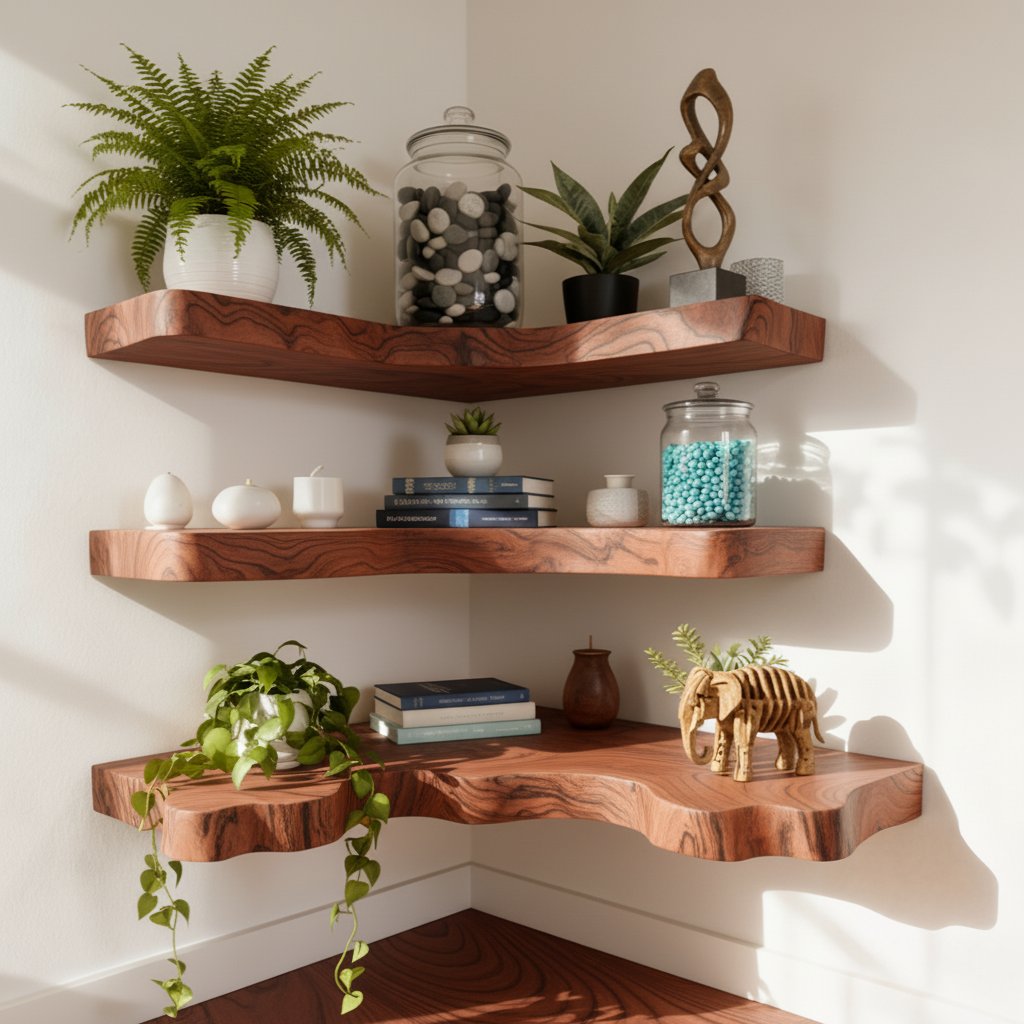 Solid Wood Corner Shelf Tiered Live-Edge Ladder Display for Plants and Books