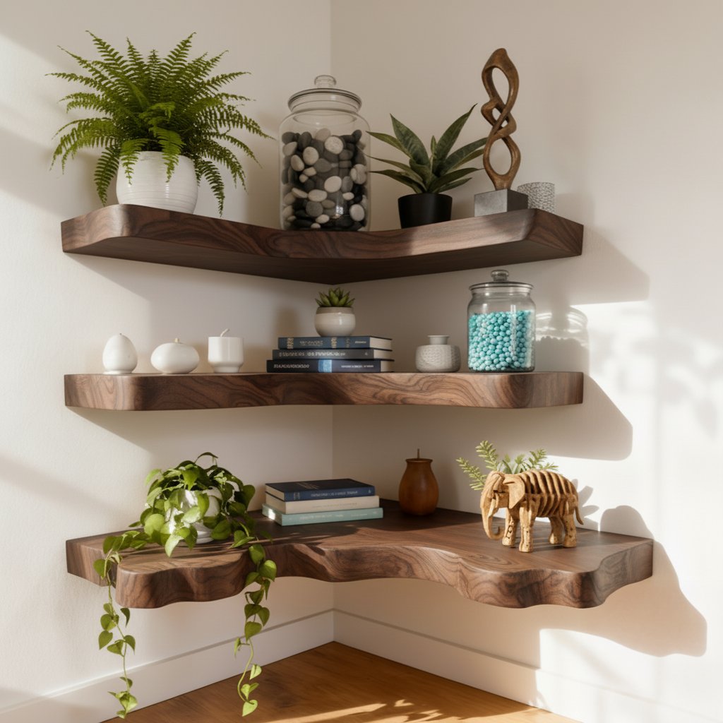 Solid Wood Corner Shelf Tiered Live-Edge Ladder Display for Plants and Books