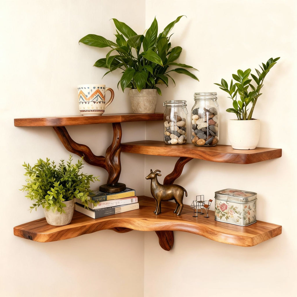 Solid Wood Wall Shelf with Sculptural Tree-Branch Live-Edge Base for Plants