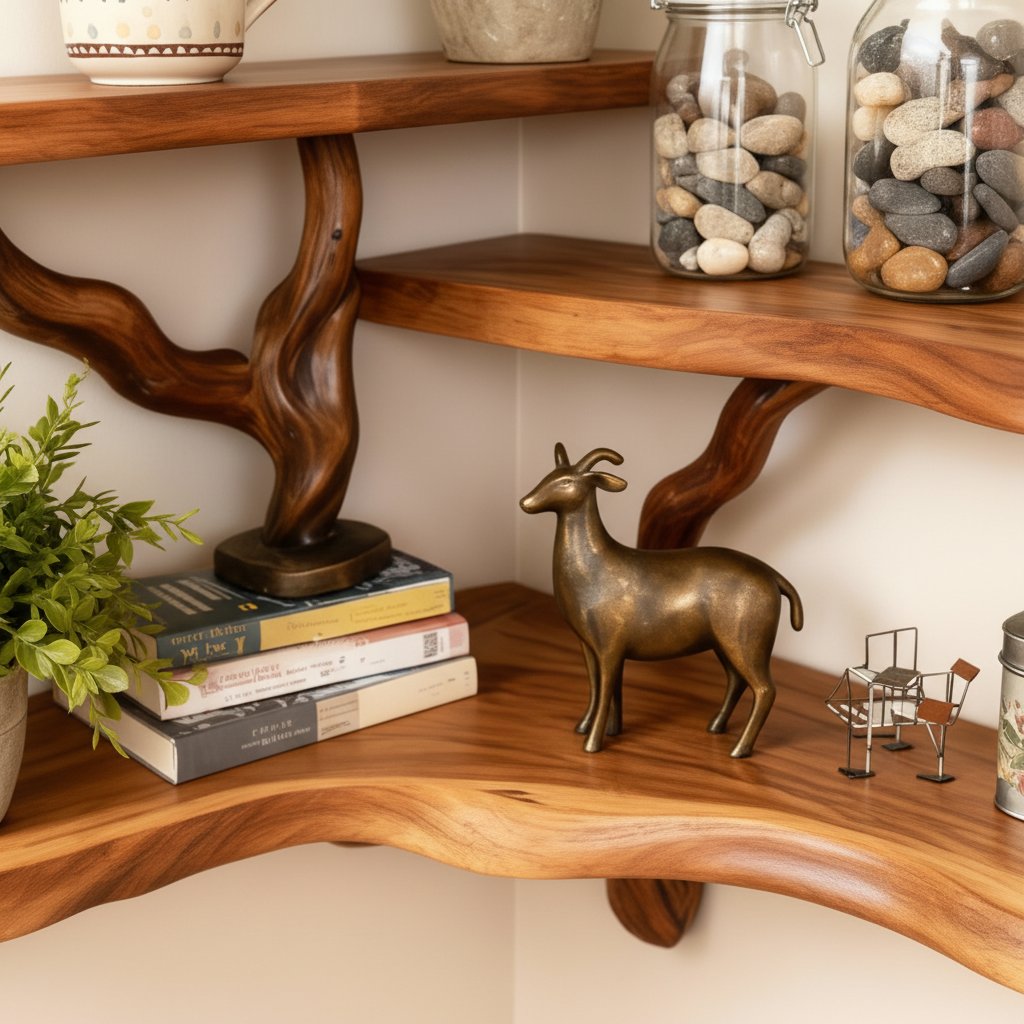 Solid Wood Wall Shelf with Sculptural Tree-Branch Live-Edge Base for Plants