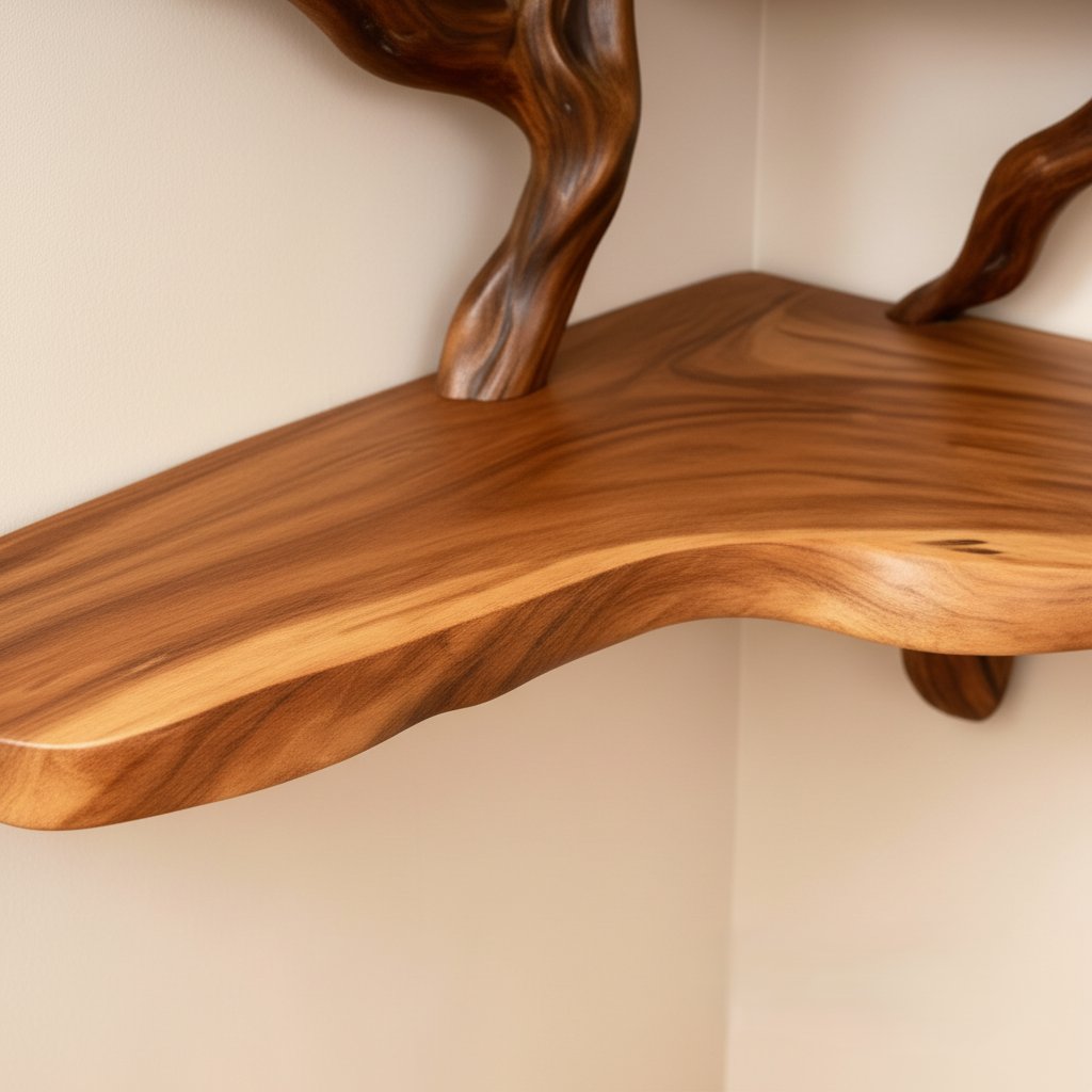 Solid Wood Wall Shelf with Sculptural Tree-Branch Live-Edge Base for Plants