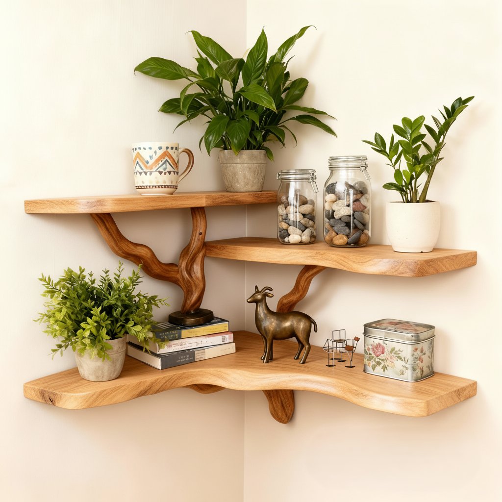 Solid Wood Wall Shelf with Sculptural Tree-Branch Live-Edge Base for Plants