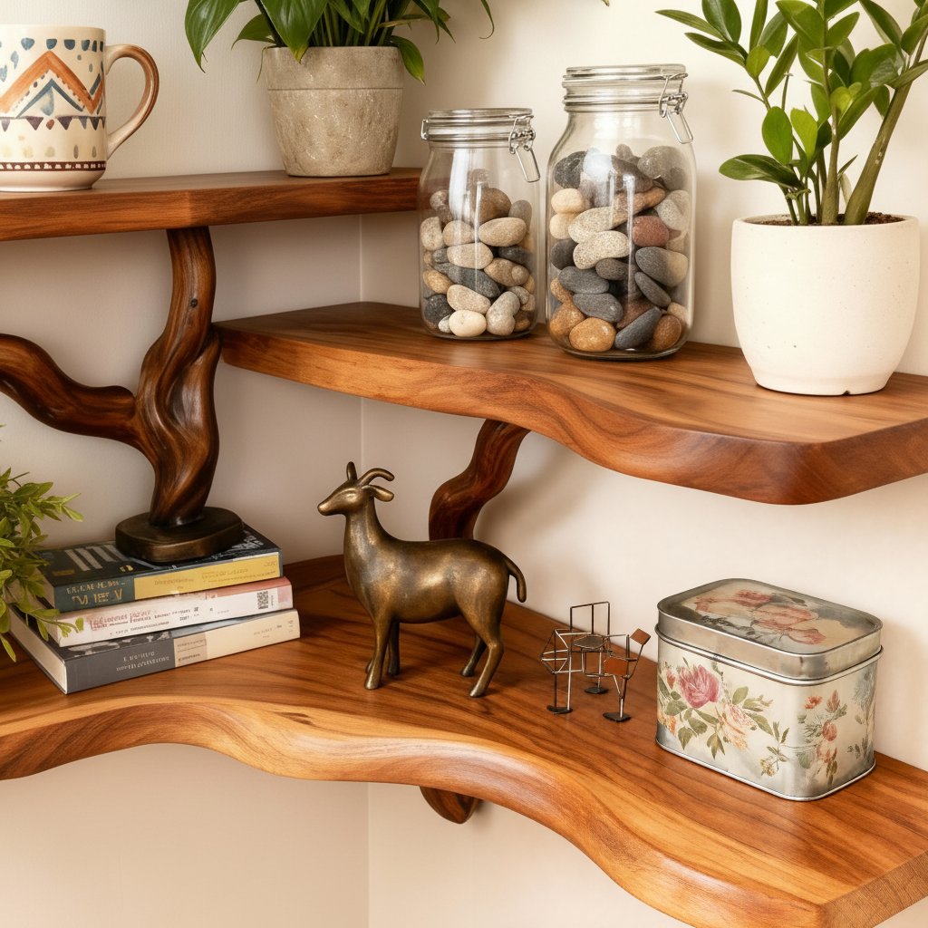 Solid Wood Wall Shelf with Sculptural Tree-Branch Live-Edge Base for Plants
